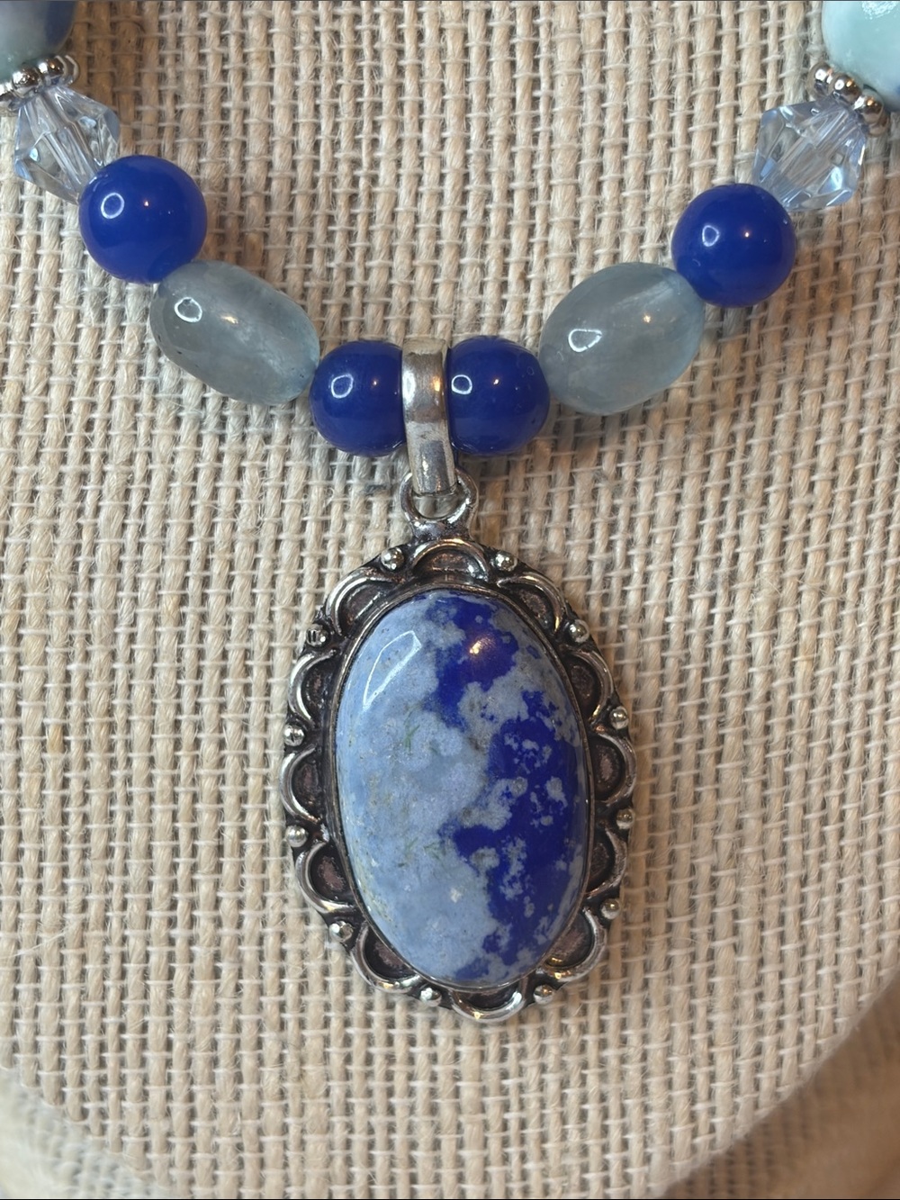Handcrafted Jade and Sapphire Necklace an Earring Set - Picture 2 of 7